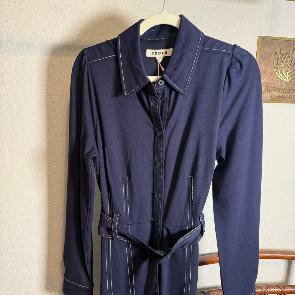 Boden Navy Blue Contrast Stitch Belted Midi Shirt Dress Womens 12R UK 16R - Picture 7 of 9